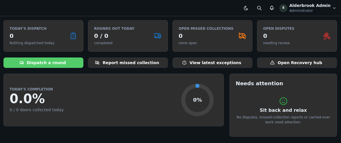 WasteOps office home screen in dark mode — today's dispatch, completion, and open items at a glance