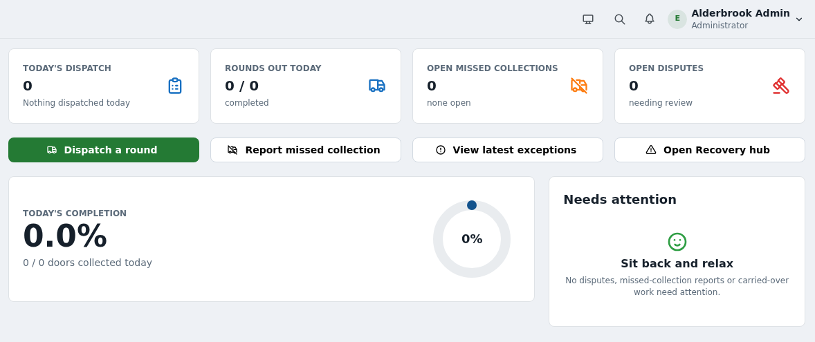 WasteOps office home screen — today's dispatch, completion, and open items at a glance